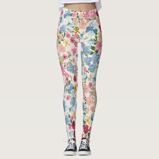 Legging Prado de Verão, padrão florescente de plantas. (Frente)
