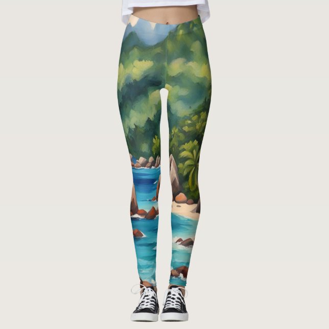 Legging Praia das Seicheles Tropicais Verde e Azul (Frente)