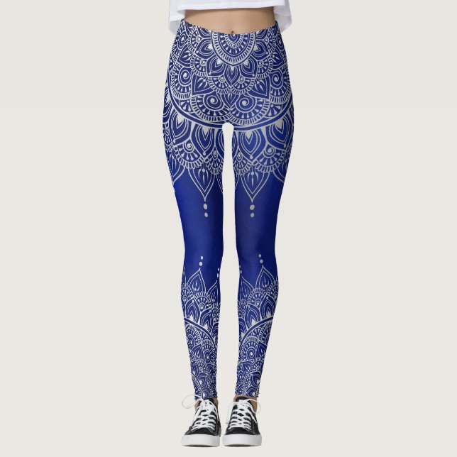 Legging Prata elegante no Floral Azul Profundo Henna Manda (Frente)