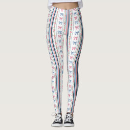 Legging Preppy Pink Blue Coquette Bows Stripes Trendy