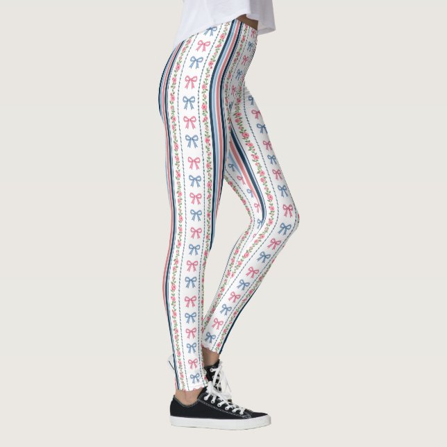 Legging Preppy Pink Blue Coquette Bows Stripes Trendy (Direita)