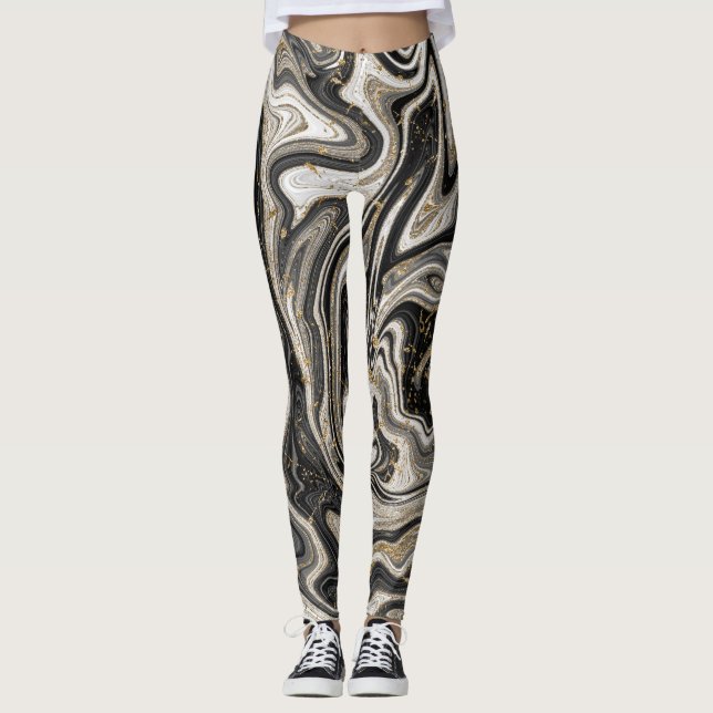 Legging Preto Branco e Dourado Chic Swirl Moderno Abstrato (Frente)