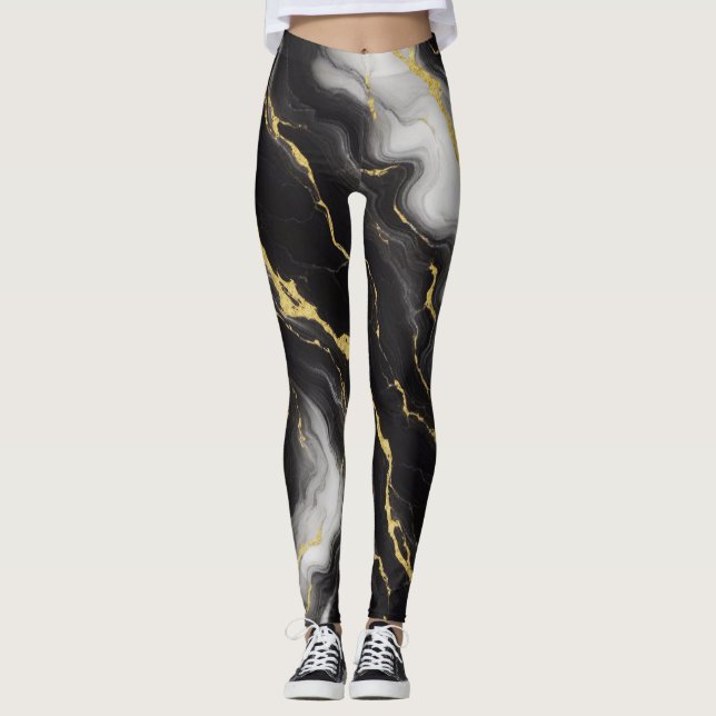 Legging Preto Branco E Dourado Mármaco Pensamentos De Pres (Frente)