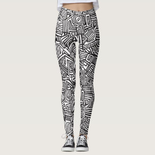 Legging Preto Branco Geométrico Abstrato Labirinto Linha