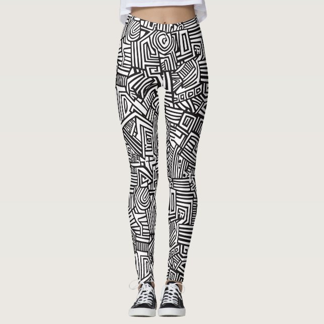 Legging Preto Branco Geométrico Abstrato Labirinto Linha (Frente)