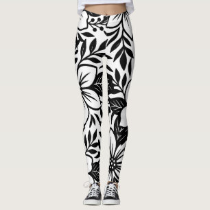 Legging Preto Branco Moderno Floral Elegante Flor Tropical