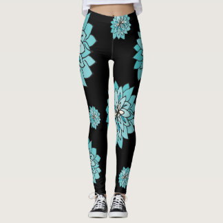 Legging preto com design azul da flor da cerceta