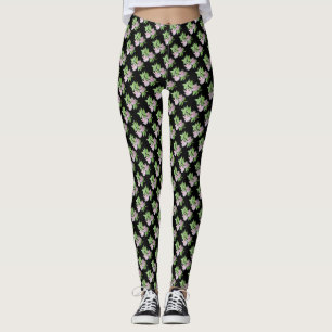 Legging preto com linhas diagonais flores cor-de-rosa e fl