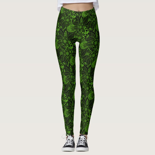 Legging Preto com padrão de local floral verde neon (Frente)