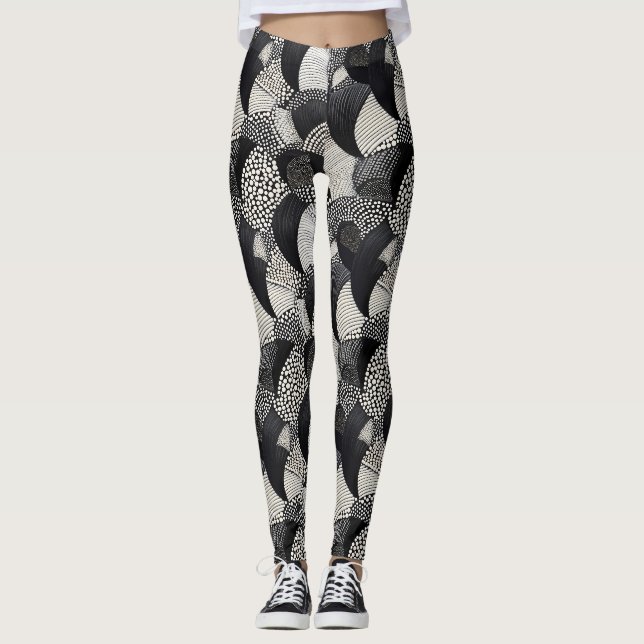 Legging Preto e Branco Dinâmico - Fluxo Geométrico Orgânic (Frente)