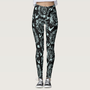 Legging Preto e Verde Menta Floral e Pássaros