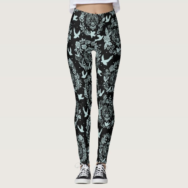 Legging Preto e Verde Menta Floral e Pássaros (Frente)