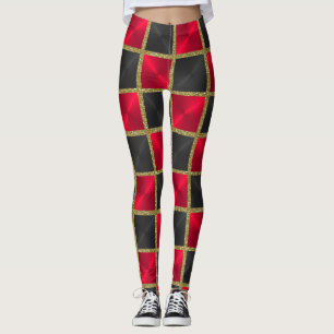 Legging Preto e vermelho com quadrados Dourados