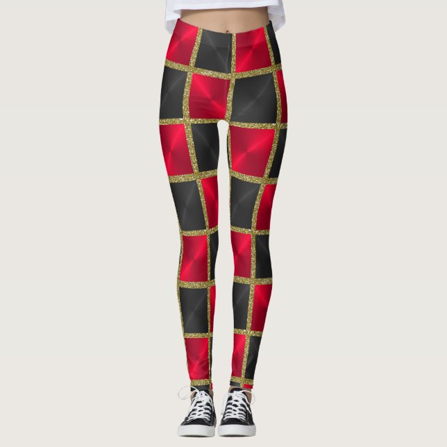 Legging Preto e vermelho com quadrados Dourados (Frente)