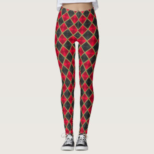 Legging Preto e vermelho com quadrados Dourados