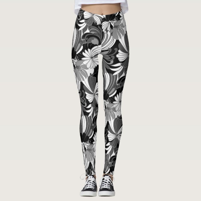 Legging Preto floral tropical havaiano da selva do (Frente)