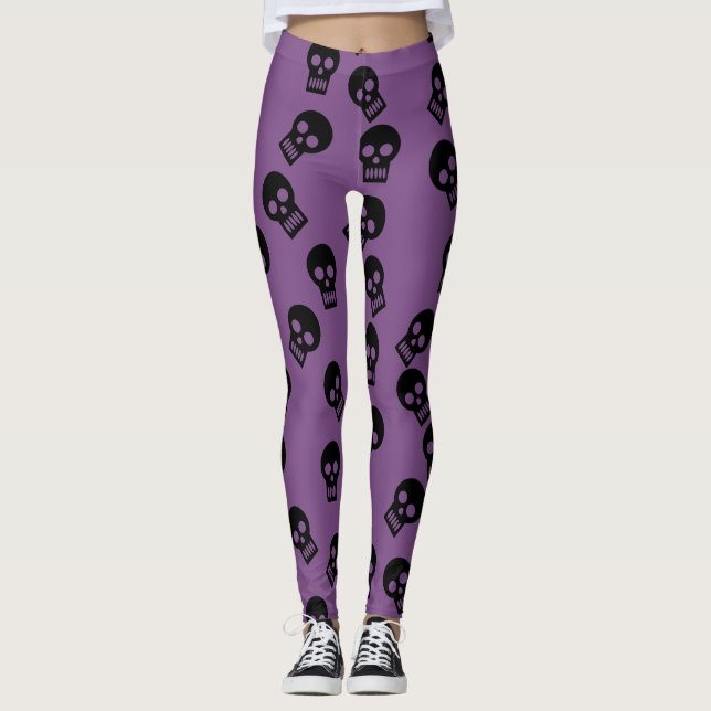 Legging Preto/roxo das caneleiras dos confetes do crânio (Frente)