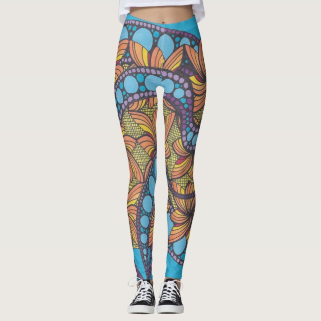 Legging Psicodélico, arte de rabisco, boho, design abstrat (Frente)