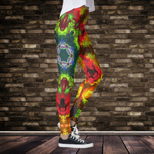 Legging Psicodélico Flor de Hippie Verde Vermelho e Laranj