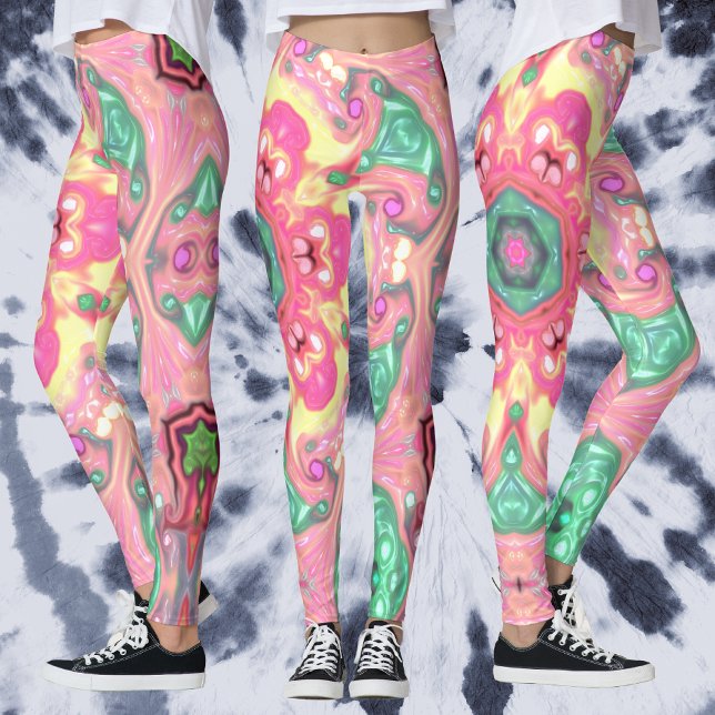 Legging Psicodélico Mandala Flor Verde Rosa e Amarelo (Criador carregado)