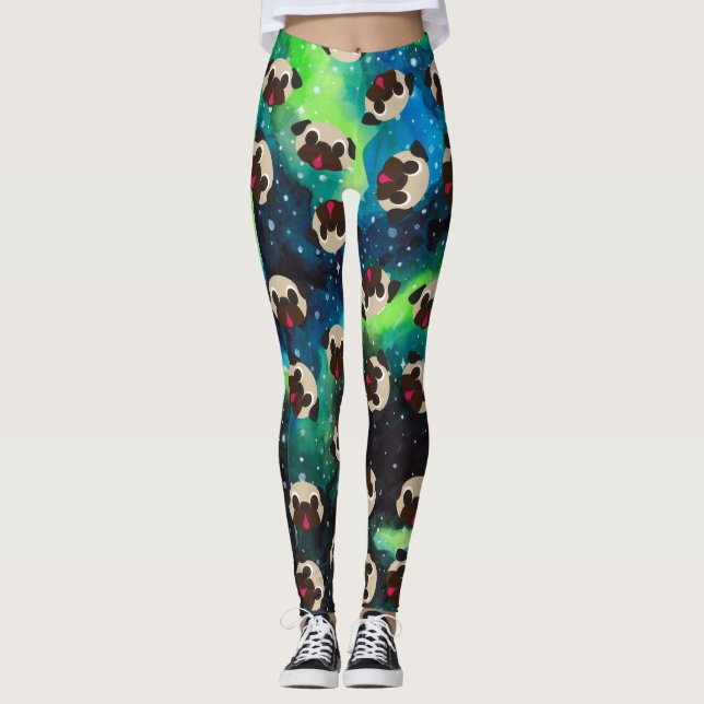 Legging Pugs da jovem corça no fundo cósmico do verde azul (Frente)