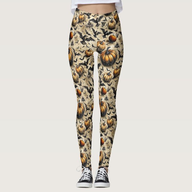 Legging Pumpkins, Crows e Bats Halloween Padrão (2) (Frente)