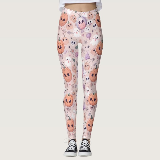 Legging Pumpkins e Fantasmas bonitos do Halloween de rosa  (Frente)