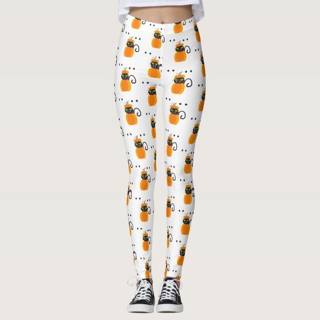 Legging Pumpkins, Gato Negro e Olhais, Padrão de Halloween (Frente)