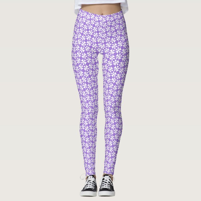 Legging Purple and White Modern Geometric Floral Pattern (Frente)