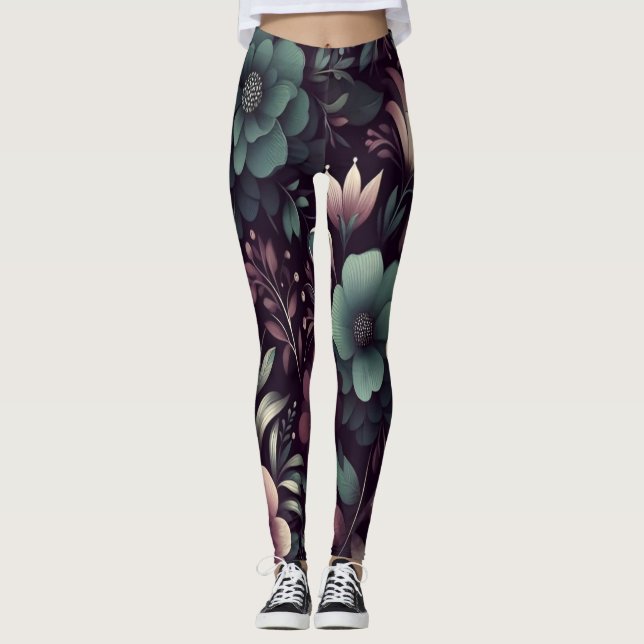 Legging Púrpura Escura e Flores Verdes (Frente)