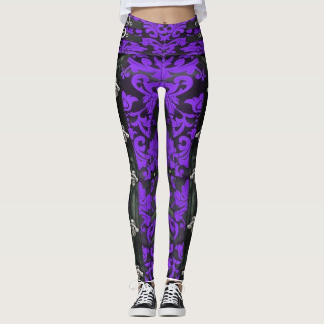 Legging Púrpura Floral Victoriana Steampunk Spandex Leggin (Frente)