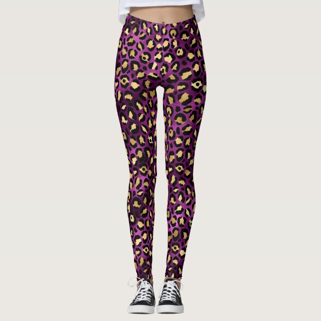 Legging Púrpura na moda e manchas-leopardo-douradas (Frente)