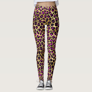 Legging Púrpura na moda e manchas-leopardo-douradas