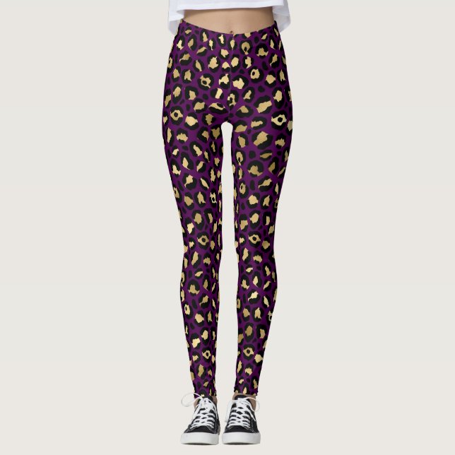 Legging Púrpura na moda e manchas-leopardo-douradas (Frente)