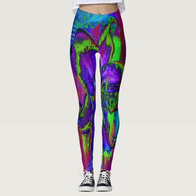 Legging Púrpura Psicodélica e Verde limão Flor (Frente)