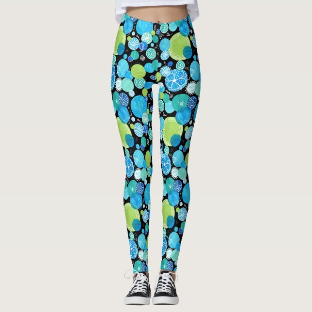 Legging Quirky Turquoise Blue Neon Green Emerald em preto (Frente)