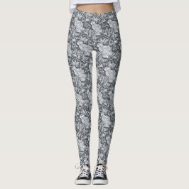 Legging Rabbit Padrão Cinza Pássaro Branco Floral Casual