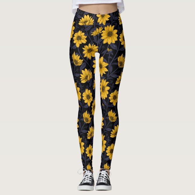 Legging Raízes solares, girassol selvagem, amarelo e azul (Frente)