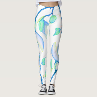 Legging Ramo de Magnólia em Aquarela Azul Verde Botânico