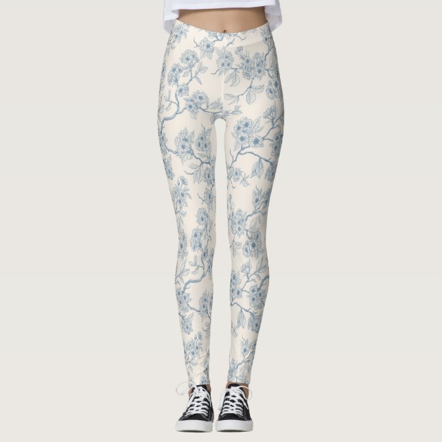 Legging Ramos de flores de cerejeira em azul e branco esma (Frente)