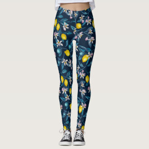 Legging Ramos de limão com flores e fruta em azul