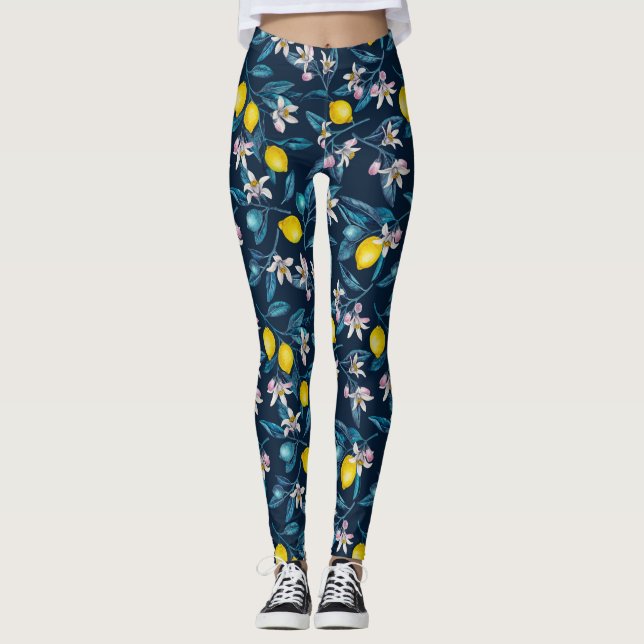 Legging Ramos de limão com flores e fruta em azul (Frente)