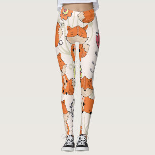 Legging Raposa de animação, flores: padrão desenhado manua