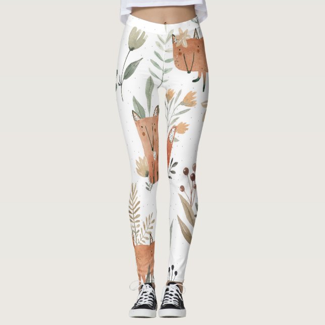 Legging Raposas nos prados: Aquarela sem costura (Frente)