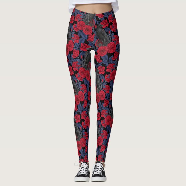 Legging Ravens e rosas com folhas azuis escuras (Frente)