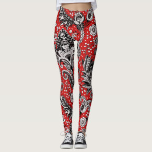 Legging Red Black & White Floral Paisley Bohemian Boho