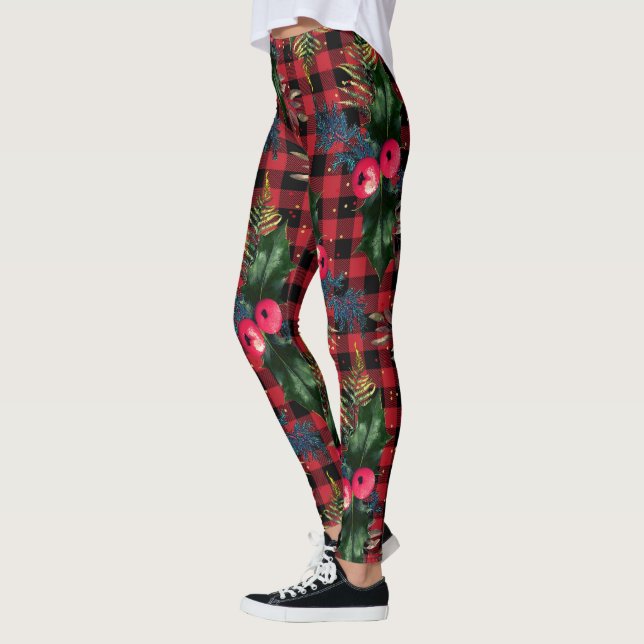 Legging Red Buffalo Check Watercolor Holly Christmas (Esquerda)