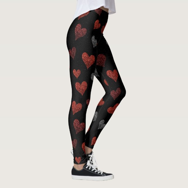 Legging Red Burgundy Silver Glitter Hearts on Black (Direita)