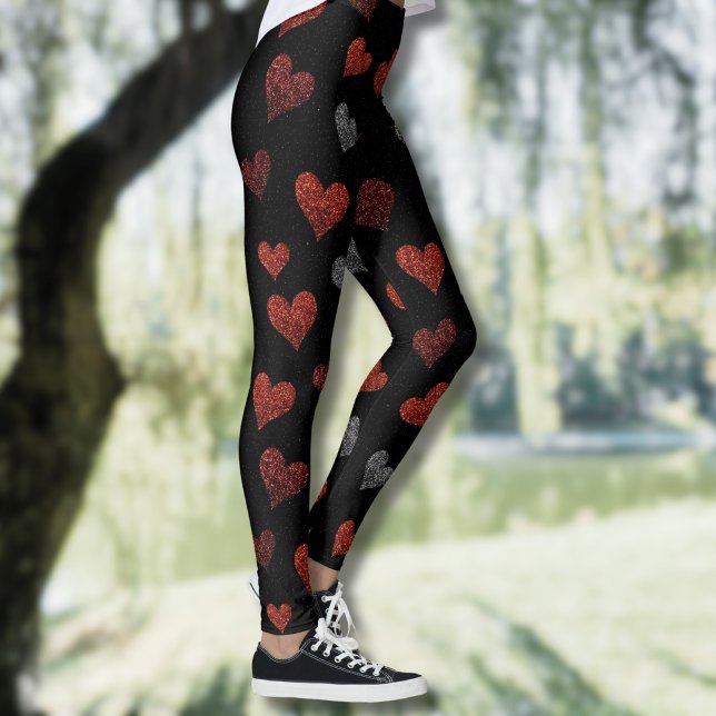 Legging Red Burgundy Silver Glitter Hearts on Black (Criador carregado)