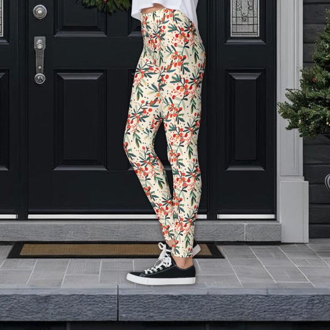 Legging Red Christmas Holly Berries moderno (Criador carregado)